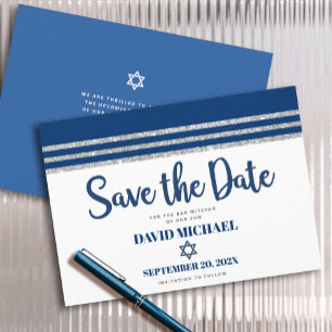Bar Mitzvah Modern Marinblå Silver Tallit Script Spara Datumet