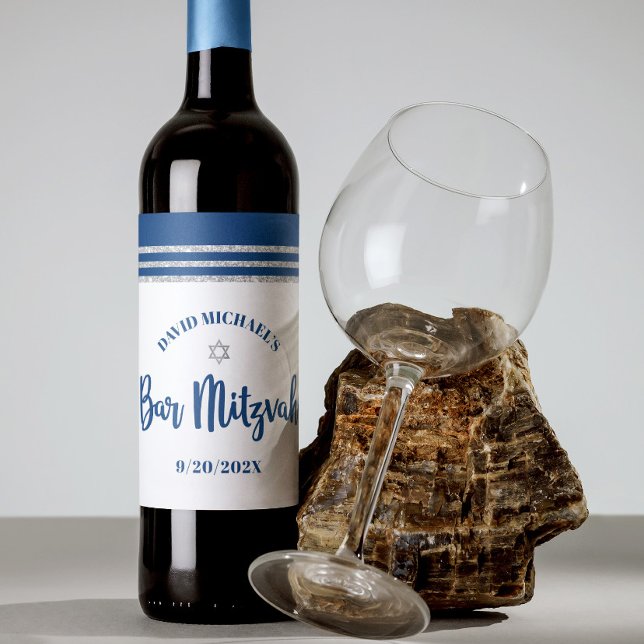 Bar Mitzvah Modern Marinblå Silver Tallit Script Vinflaska Etikett (Skapare uppladdad)