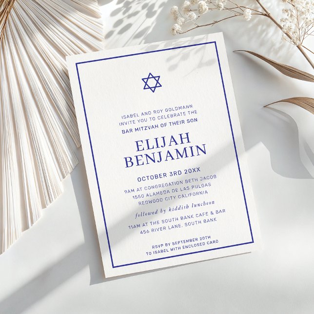 BAR MITZVAH modern minimal stjärna kant kunglig bl Inbjudningar (Skapare uppladdad)