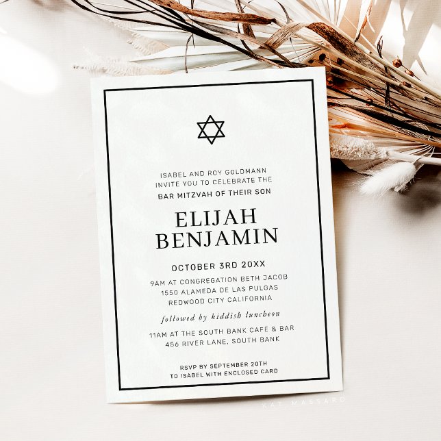 BAR MITZVAH modern minimal stjärnram svart vit Inbjudningar (Skapare uppladdad)
