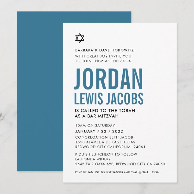 BAR MITZVAH modern star boy simple denim blue Inbjudningar (Fram/baksida)