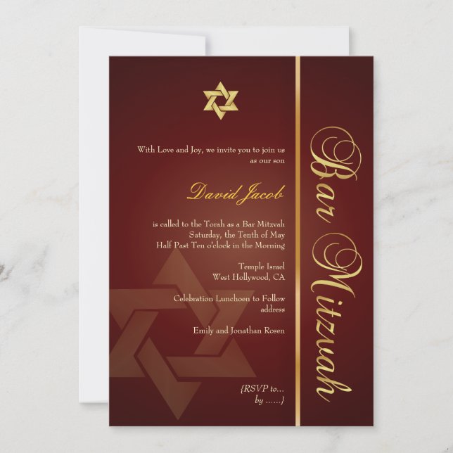 Bar Mitzvah/mörkröd/guld Inbjudningar (Framsida)