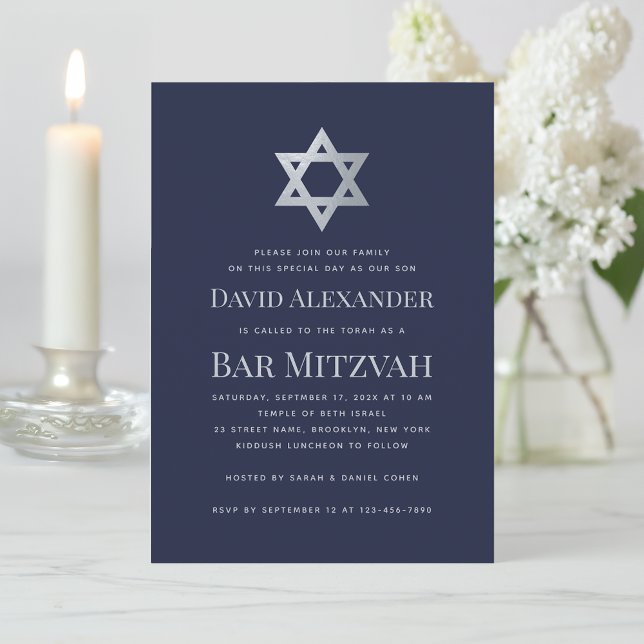 Bar Mitzvah Navy Blue & Faux Silver Star of David Inbjudningar (Skapare uppladdad)