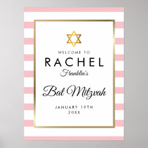 Bar Mitzvah Rosa och Vit Randig Guld Välkommen Poster