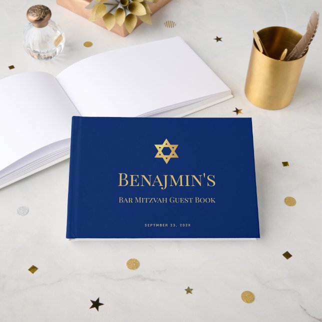 Bar Mitzvah Royal Blue Falskt Guld Davidstjärna Gästböcker (Framsida öppen)