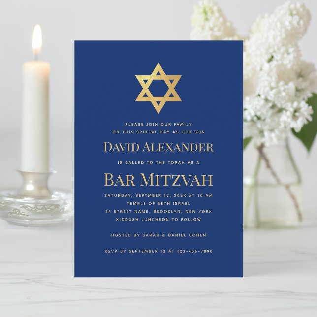 Bar Mitzvah Royalblå Guld Davidstjärna Enkel Inbjudningar (Skapare uppladdad)