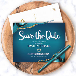 Bar Mitzvah Save the Date Teal Ombre Agate Skrifts Inbjudan Vykort