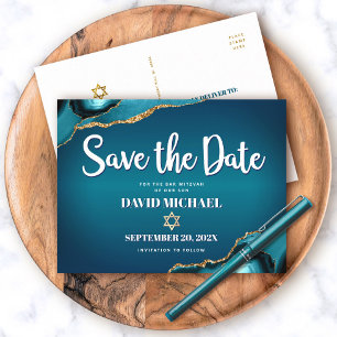Bar Mitzvah Save the Date Teal Ombre Agate Skrifts Inbjudan Vykort