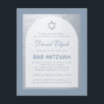 Bar Mitzvah Silver Dammig blå budgetinbjudan<br><div class="desc">En budget bar mitzvah-inbjudan. På en dammig blå rektangulär bakgrund har den en falsk silverfolie-båge som inuti har dammig blå text på vit bakgrund. Namnet är skrivet med en elegant kalligrafisk stil; Det finns en (falsk) silver davidstjärna ovanför texten.</div>