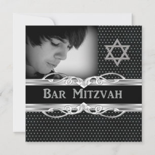Bar Mitzvah Stjärna Svart Silver Metallnitar Inbjudningar