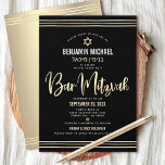 Bar Mitzvah Svart Guld Folie Script Hebreiskt Namn Inbjudningar<br><div class="desc">Var stolt, gläd dig och visa upp denna milstolpe för din favorit Bar Mitzvah! Skicka ut denna fantastiska, moderna, sofistikerade, personliga inbjudan med hebreiskt namn till en oförglömlig händelse. Grafisk faux guld folie kalligrafi stil, Davidsstjärna och handritade tallit linjer överlagrar en rik, dramatisk svart bakgrund. En faux guld Davidsstjärna och...</div>