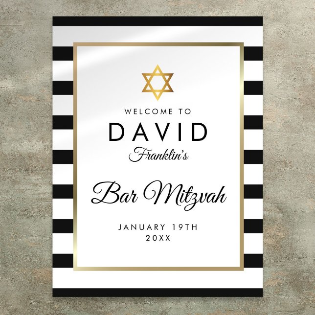 Bar Mitzvah Svart Och Vit Rand Guld Välkommen Poster (Bar Mitzvah Black And White Stripe Gold Welcome Poster)