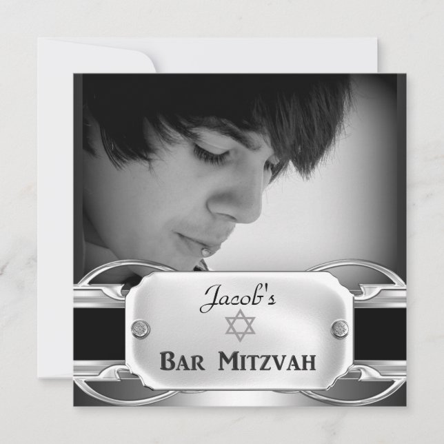 Bar Mitzvah Svart Silver Metall man Inbjudningar (Framsida)