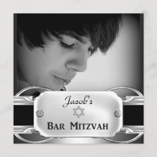Bar Mitzvah Svart Silver Metall man Inbjudningar