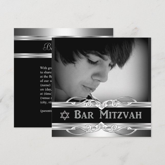 Bar Mitzvah Svart Silver Metall manlig 2 Inbjudningar (Fram/baksida)
