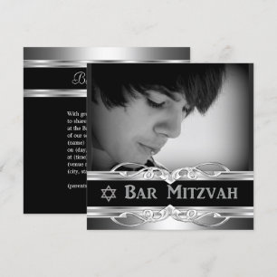 Bar Mitzvah Svart Silver Metall manlig 2 Inbjudningar