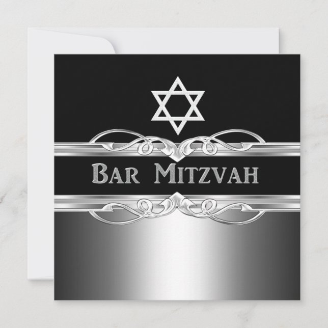 Bar Mitzvah Svart Silver Metall Pojke 2 Inbjudningar (Framsida)