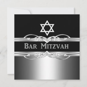 Bar Mitzvah Svart Silver Metall Pojke 2 Inbjudningar