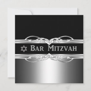 Bar Mitzvah Svart Silver Metall Pojke Inbjudningar