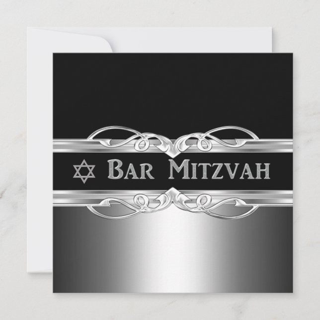 Bar Mitzvah Svart Silver Metall Pojke Inbjudningar (Framsida)