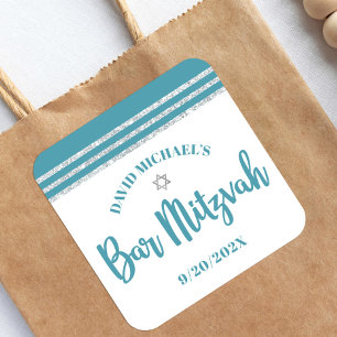 Bar Mitzvah Teal Silver Tallit Fetstil Modern Fyrkantigt Klistermärke