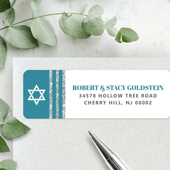 Bar Mitzvah Teal Silver Tallit Fetstil Returadress Etikett (Skapare uppladdad)