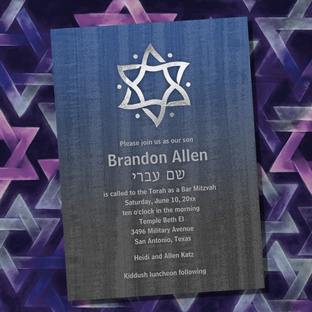 Bar Mitzvah Trä Utseende Blå Grå Silver Stjärna Inbjudningar (Skapare uppladdad)
