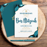 Bar Mitzvah Turkos Agat Skript Hebreiskt Namn Inbjudningar<br><div class="desc">Var stolt, gläd dig och visa upp denna milstolpe för din favorit Bar Mitzvah! Skicka ut denna coola, unika, moderna, personliga inbjudan med hebreiskt namn till en händelse att minnas. Mörk tealblå scripttypografi och falsk guld David-stjärna överlagrar enkel, ren vit bakgrund med turkos blå agataccent med falska guldådror. Anpassa den...</div>