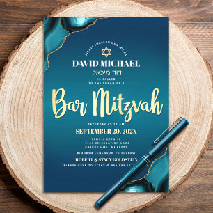 Bar Mitzvah Turkos Ombre Agat Guld Script Fetstil Inbjudningar