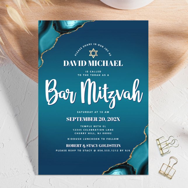 Bar Mitzvah Turkos Ombre Agat Modern Skrift Inbjudningar (Skapare uppladdad)