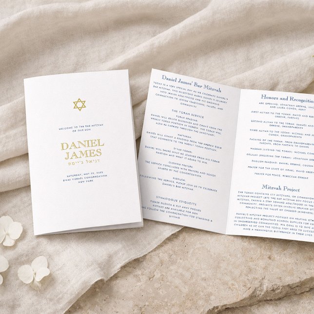 Bar Mitzvah vikt program, marinblå och guld  Reklamblad (Skapare uppladdad)
