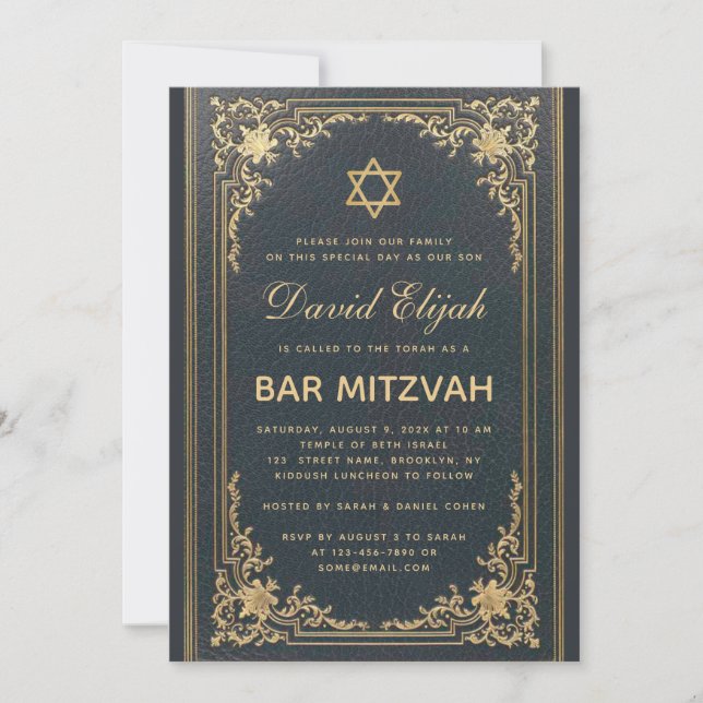 Bar Mitzvah Vintage Elegant Guldstjärna Mörkblå Inbjudningar (Framsida)