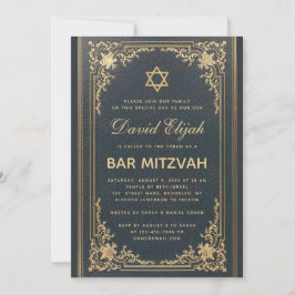 Bar Mitzvah Vintage Elegant Guldstjärna Mörkblå Inbjudningar