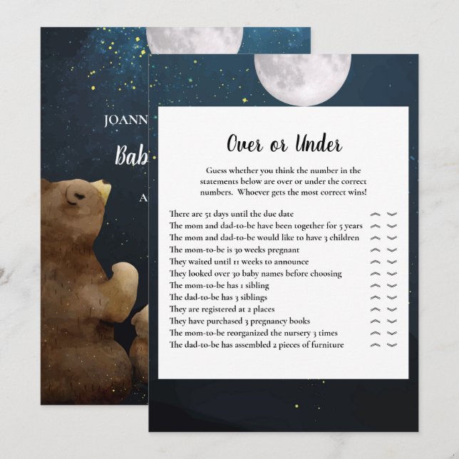 Bär över eller under babyvisningsspel inbjudningar (Fram/baksida)