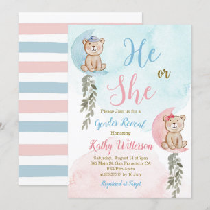 Bär över måne; han eller hon Gender Reveal Inbjudningar
