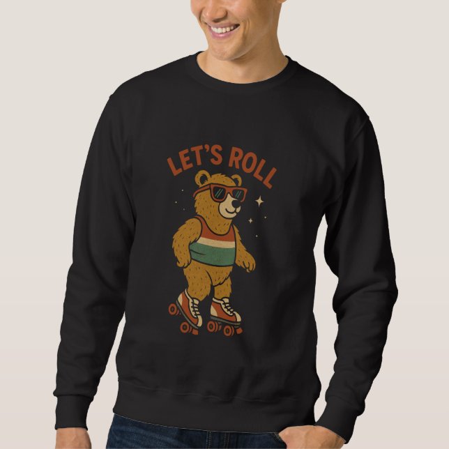 Bär på rullskridskor Låt oss Roll Retro Tecknad Bo Lång Ärmad Tröja (Framsida)