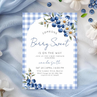Bär Söt Blå Blåbärsrutig Baby Shower Inbjudningar