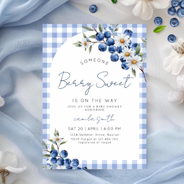 Bär Söt Blå Blåbärsrutig Baby Shower Inbjudningar (Skapare uppladdad)