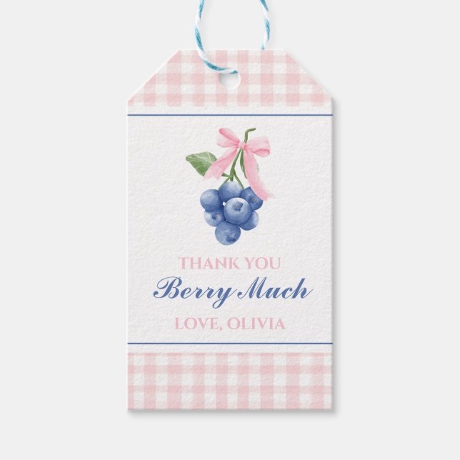 Bär Söt blåbärs födelsedag Rosa Bow Gingham Presentetikett (Framsidan)