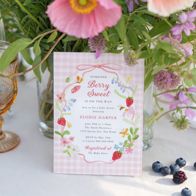 Bär Söt Blommig Jordgubbs Baby Shower Inbjudningar (Skapare uppladdad)