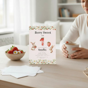 Bär Söt Blommig Kanin Jordgubb Första Födelsedag Inbjudningar