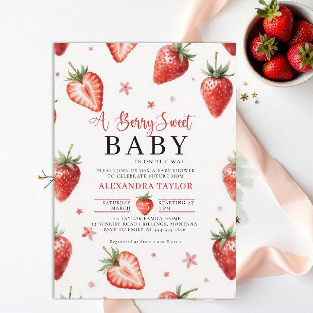 Bär Söt Farmhouse Chic Vattenfärg Bebis Shower Inbjudningar (berry sweet baby shower invitation fruit strawberry theme art watercolor garden farmhouse chic)
