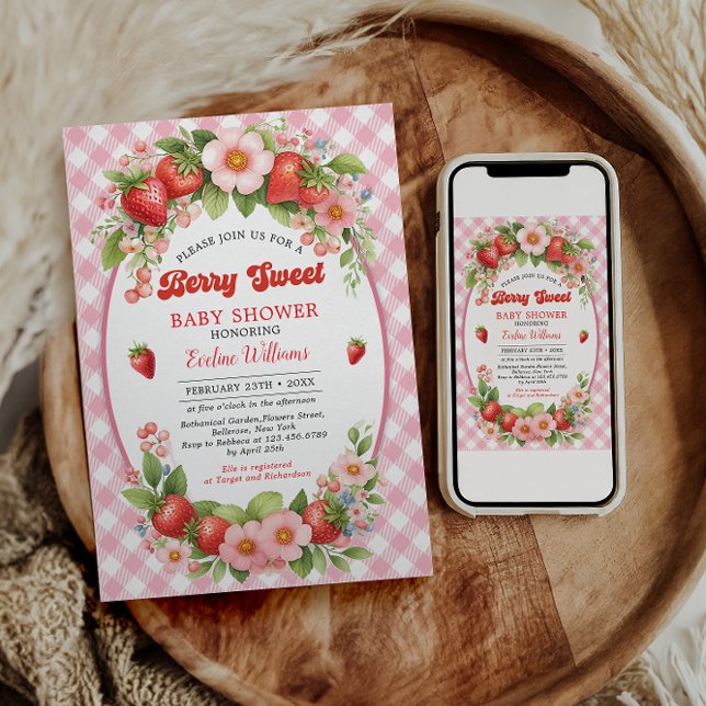 Bär Söt Jordgubb 1-års Födelsedagsfest Inbjudningar (Skapare uppladdad)