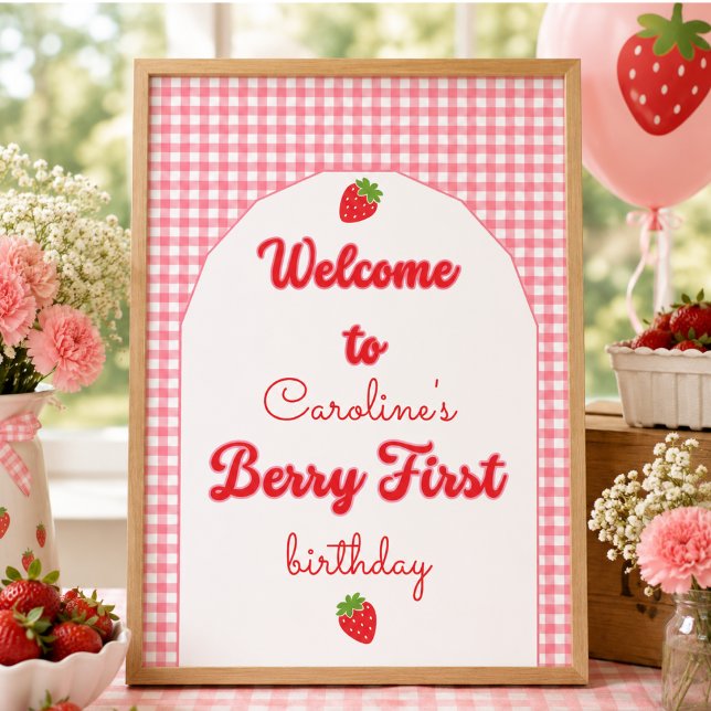 Bär Söt Jordgubb 1-års Födelsedagsfest Poster (Berry Sweet Strawberry 1st Birthday Party Poster)