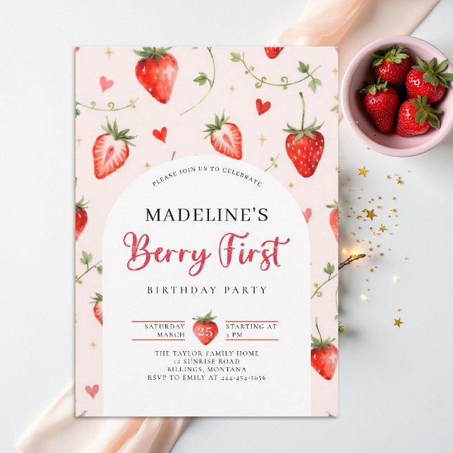 Bär Söt Jordgubb Ark Sommar 1:a Födelsedag Inbjudningar (berry first birthday party invitation girls strawberry 1st watercolor summer farmhouse patch)