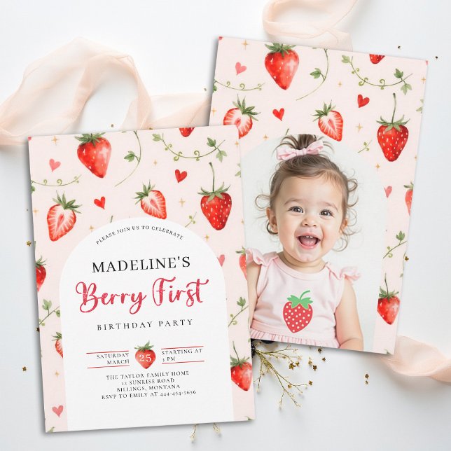 Bär Söt Jordgubbe Söt Bild 1-årsdag Inbjudningar (berry first birthday party photo invitation girls strawberry 1st watercolor summer farmhouse patch)