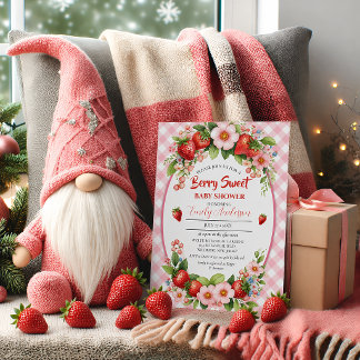 Bär Söt Jordgubbs Rosa Blommig Bebis Bjudning | Inbjudningar