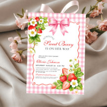 Bär Söt Jordgubbs Rosa Gingham Bebis Bjudan