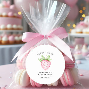 Bär Söt Rosa Jordgubbsvattenfärg Baby Shower Runt Klistermärke