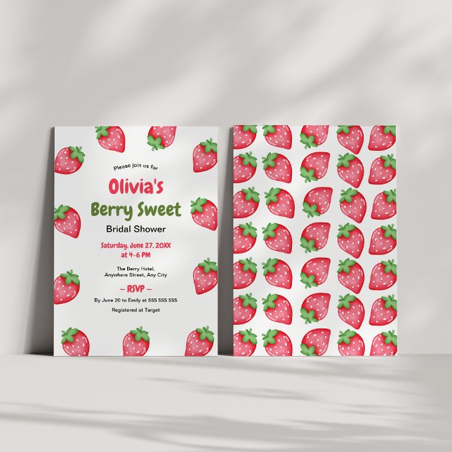 Bär Söt Rosa Röd Jordgubb Bröllopsdusch  Inbjudningar (Berry Sweet Pink Red Strawberry Bridal Shower Invitation )